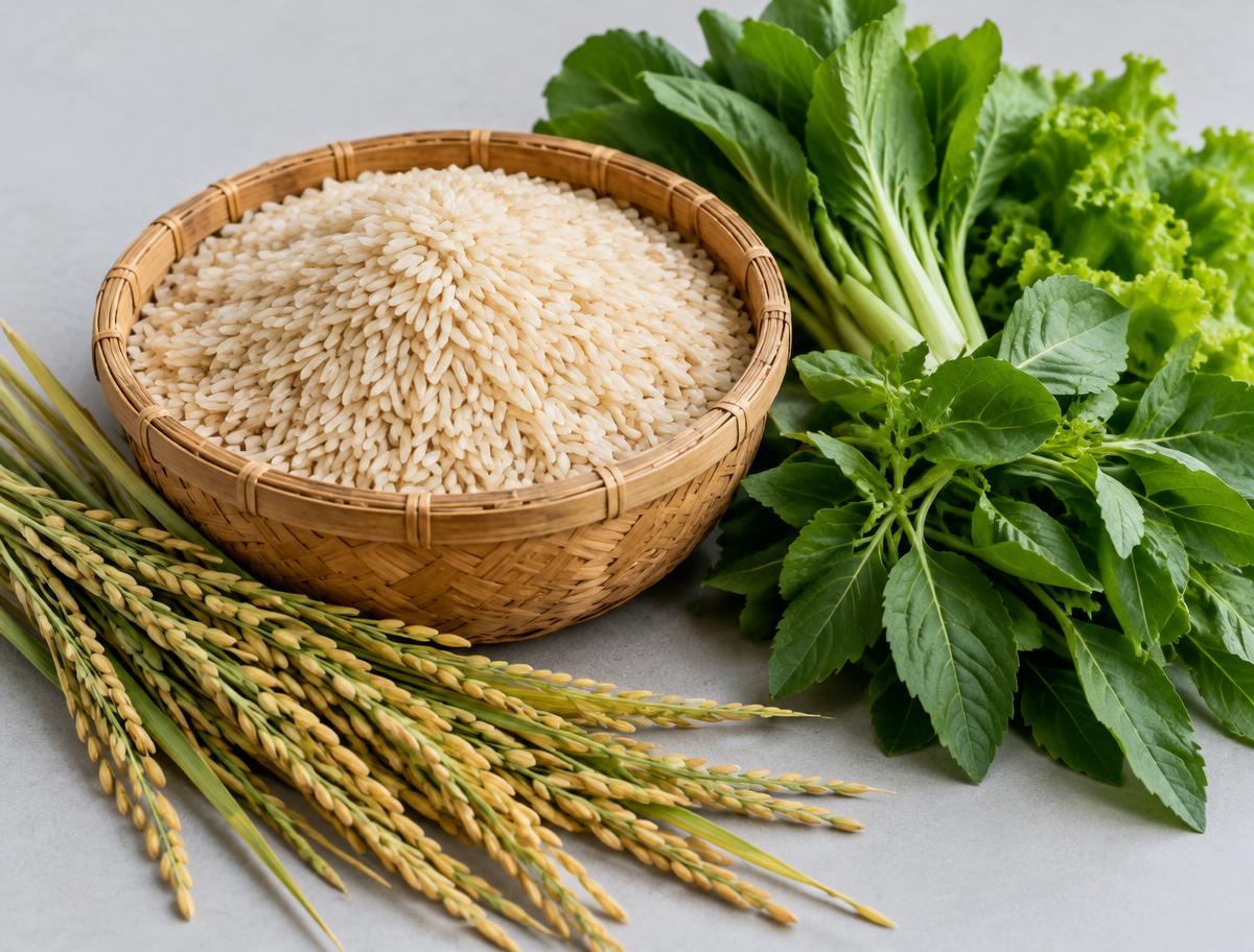 Conceptual illustration of rice, grain stalks and fresh vegetables