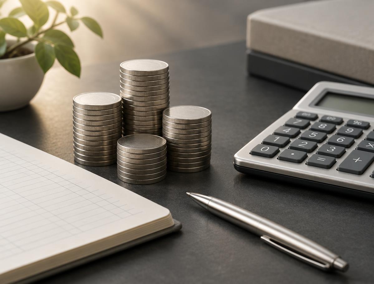 Conceptual illustration of coins, a calculator and a ledger