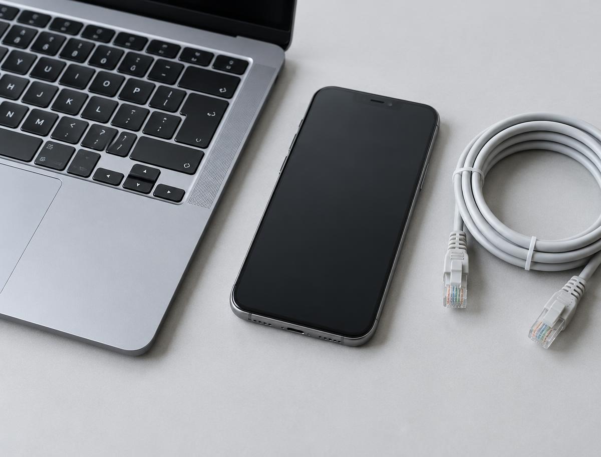 Conceptual illustration of a laptop, smartphone and network cable