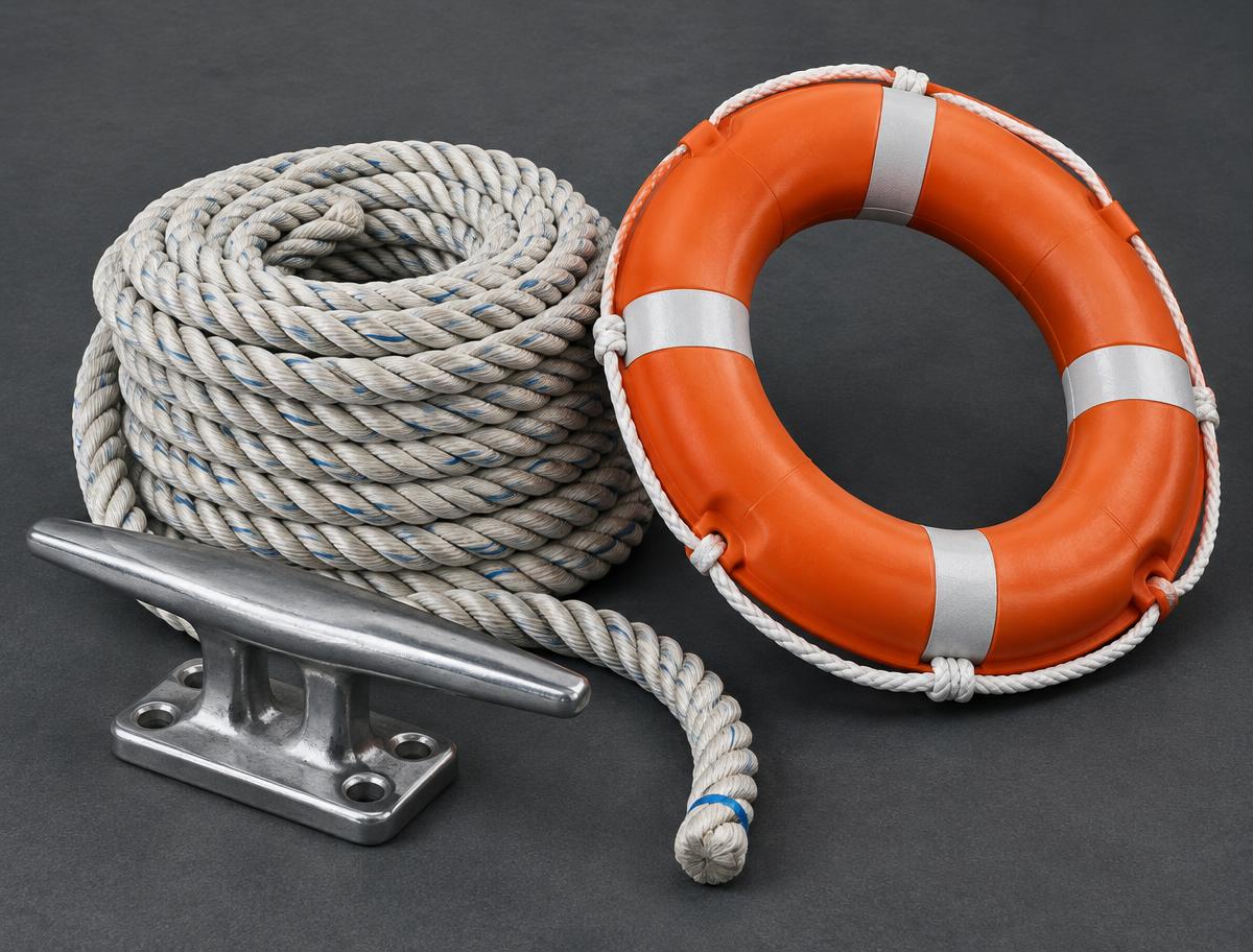 Conceptual illustration of marine rope, a cleat and a life ring